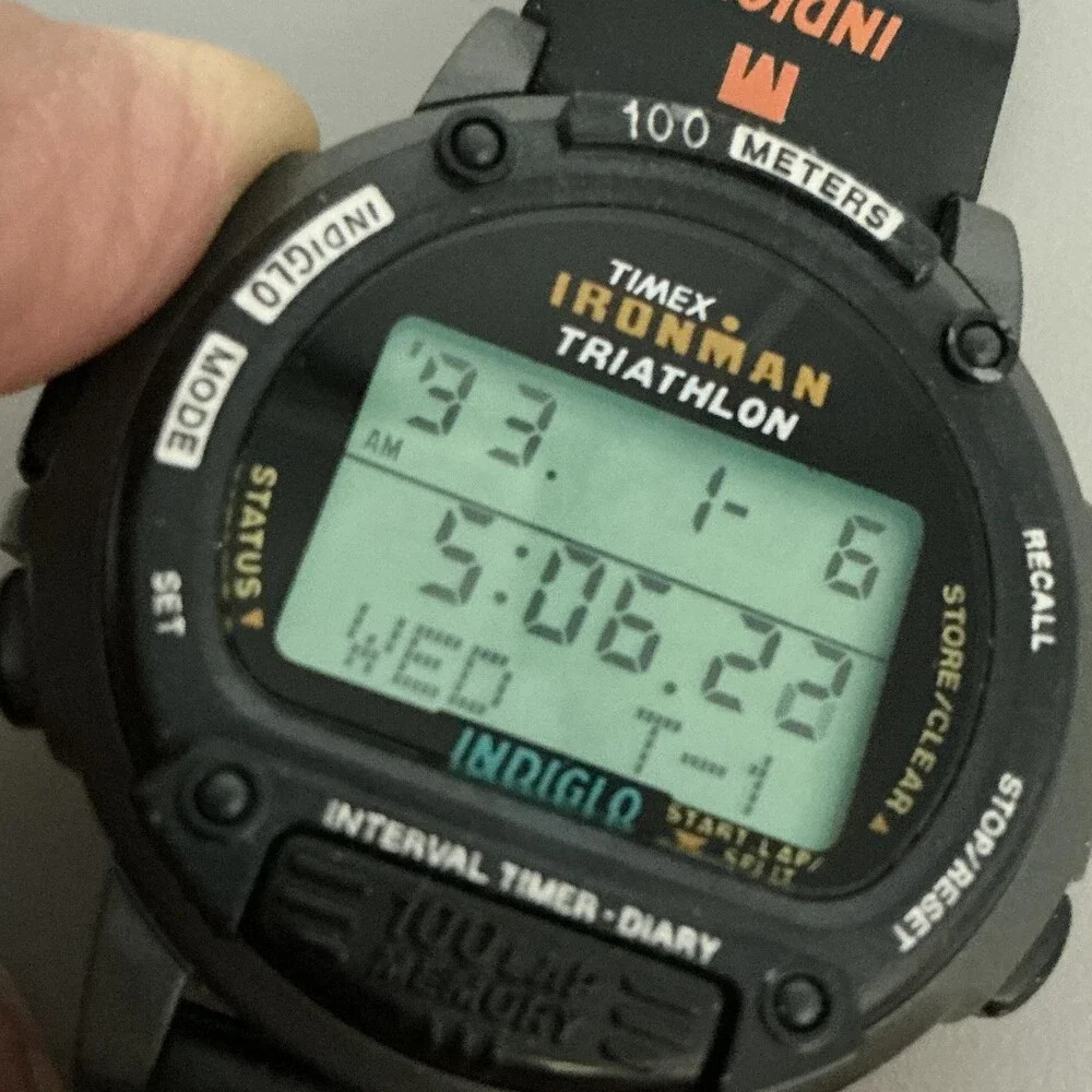 Vintage Timex Ironman Triathlon Mens Watch 44mm Gray Digital 100 Lap Indiglo